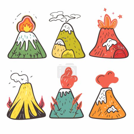 Coloridos volcanes de dibujos animados en erupción, humo, lava. Estilo garabato dibujado a mano seis volcanes, erupciones variadas, diseños lúdicos. Ilustraciones aisladas, colores vibrantes, geología, naturaleza, tema del desastre