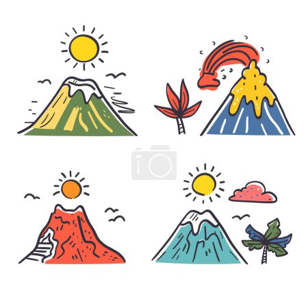 Four different mountains illustrated, one snow cap, another erupting, one molten lava flow, final tranquil, mountain has sun, birds, distinct accompanying element tree cloud. Cartoon style colorful