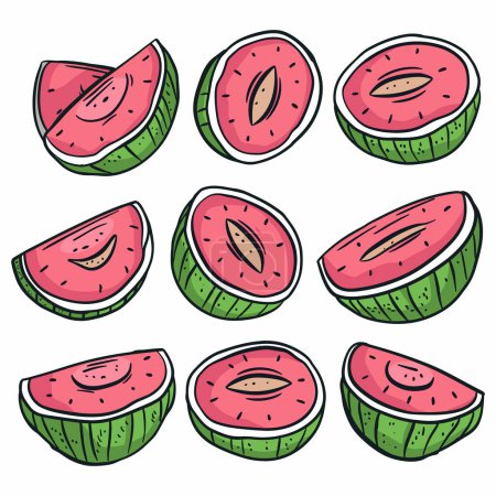 Illustration for Handdrawn watermelon slices vibrant juicy fruit collection. Cartoon watermelons, juicy pink flesh seeds rind, summer refreshment. Watermelon set, hand drawn, doodle style, pink delicious - Royalty Free Image