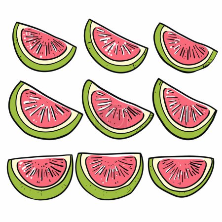 Watermelon slices arranged pattern handdrawn style ripe juicy summer refreshment. Fresh watermelon pieces vibrant pink green colors pattern cartoon style design. Delicious slice