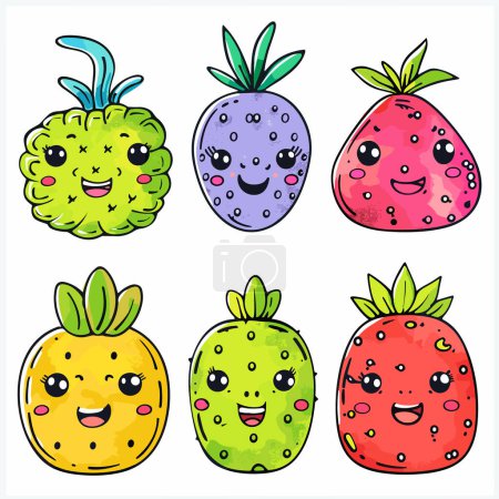 Six mignons fruits de dessin animé souriants visages, personnages de fruits kawaii colorés. Fraise joyeuse, ananas, citron, baies, expressions faciales heureuses. Illustration vectorielle créative adaptée aux enfants, dynamique