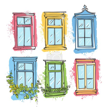 Illustration for Vintage colorful windows sketched against splattered paint backgrounds. Handdrawn architecture elements urban facades. Illustration includes blue adorned window, green window plants, red, yellow - Royalty Free Image