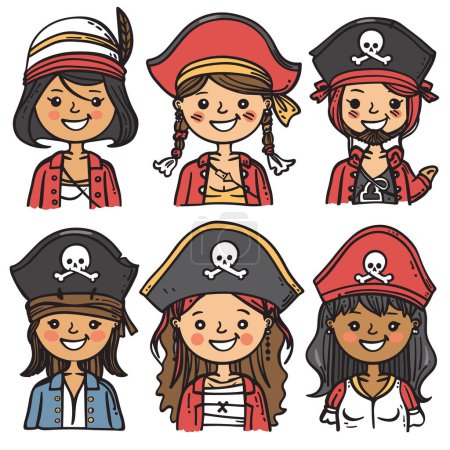 Six cartoon pirate characters smiling portrayed different expressions. Various pirate hats, feminine styles, playfulness perfectly childrens book illustrations. Diverse ethnicities, casual