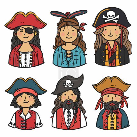Sammlung sechs Piraten-Charaktere illustriert Cartoon-Stil. Diverse Piraten tragen ikonische Kostüme mit Hüten, Augenklappen, Bandanas und Totenkopf-Symbolen. Niedliche handgezeichnete Freibeuter lächelnd, perfekt