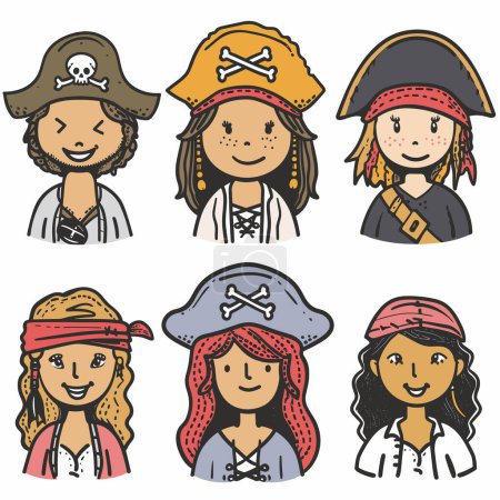 Six cartoon pirate faces diverse ethnicity smiling children wearing various pirate hats. Kids play pirates different hats headscarves cute cartoon style. Boys girls dressed pirates happy expressions