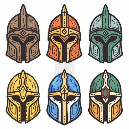Set six stylized helmets representing futuristic warriors, drawn distinct colors, helmet features unique designs, suggesting different ranks roles within scifi universe. Helmets exhibit cartoonish