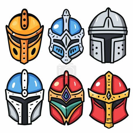 Set colorful medieval knight helmets cartoon style isolated white background. Bright fantasy armor headgear various designs game icons. Detailed knightly helms, vibrant colors, roleplaying game