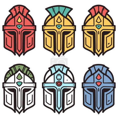 Six colorful Spartan helmets showcasing various designs patterns, helmet features combination two three colors decorative elements such plumes jewels, helmets vary hues red, yellow, green, white