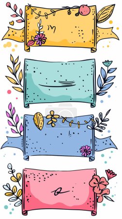 Handdrawn banners adorned whimsical florals dots. Colorful ribbon banners yellow, blue, pink cute nature motifs, space text, suits festive card design invitations