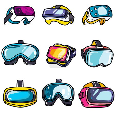 Sammlung bunte VR-Brillen verschiedener Stile, Virtual-Reality-Designs. Verschiedene VR, Technologie Ausrüstung immersive Erfahrung, Gaming-Ausrüstung. Auswahl Virtual-Reality-Brillen