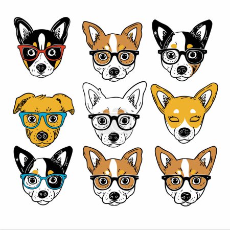 Illustration for Nine cartoon dogs wearing glasses, colorful eyewear, diverse expressions. Cute dog faces, various breeds, hipster glasses collection, handdrawn style. Playful canine characters, illustration pets - Royalty Free Image