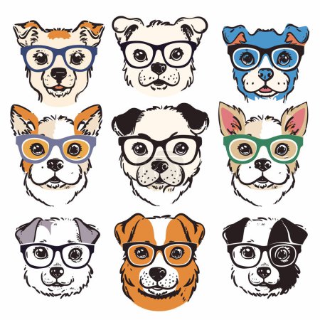 Nine different cute dogs wearing colorful glasses. Cartoon style illustrations diverse dog breeds, all unique glasses designs. Animals portrayed humorously, showing various expressions eyewear