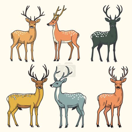 Sechs stilisierte Hirschabbildungen, einzigartige farbige Geweihformen. Cartoon-Hirsch-Set verfügt über gefleckte Fellmuster, ausdrucksstarke Augen natürliche Farbtöne. Vielfalt stellt Winkel dar, die Vielfalt zeigen