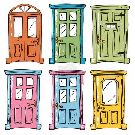 Sechs bunte Cartoon-Türen, handgezeichneter Stil, verschiedene Designs Farbtöne. Lebendige Türen, verzierte Knöpfe, Fenster, einzigartige Charaktertüren. Skurrile Architektur, verspielte Eingänge, Doodle-Illustration