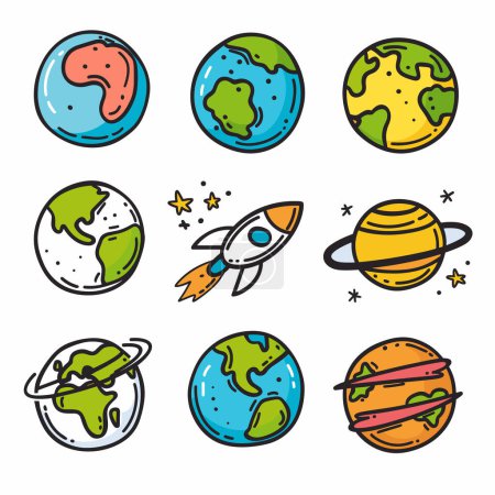 Bunte Cartoon-Weltraum-Ikonen, darunter verschiedene Planeten, Rakete, Planetenring, künstlerischer handgezeichneter Doodle-Stil. Planetenkörper repräsentierten verspielte Farben und stellten erdähnliche Planeten dar, Saturnähnliche