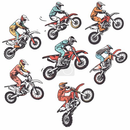 Nueve motocross riders realizando varios trucos trucos de motos de tierra, motocross rider lleva equipo completo, incluyendo cascos capturados diferente pose sugiriendo movimiento. Estilo gráfico vector colorido