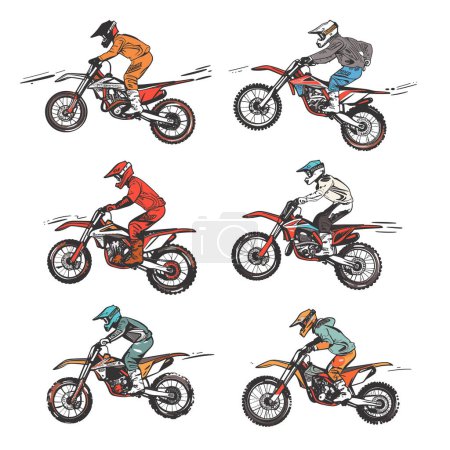 Motocross riders illustrated various dynamic poses riding dirt bikes, offroad motorcycle sport, rider wears protective gear, helmet, outfit motocross racing. Extreme sports action, motorcyclists