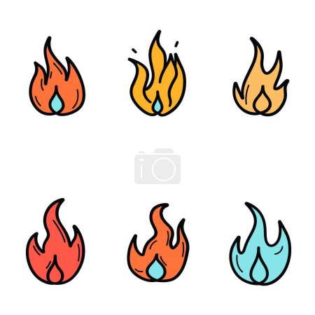 Collection six flame icons representing fire various colors shapes. Simplified stylized fire illustrations suitable safety signs mobile apps. Cartoonish symbols rendered isolated white background
