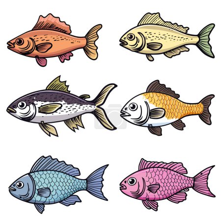 Six colorful fish illustrations isolated white background. Cartoon style tropical fish, varying patterns colors. Set various ornamental fish, aquatic pet theme, vector design