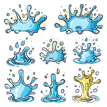 Blue yellow liquid splashes cartoon set isolated white background. Colorful water splash vector design elements cleaning products beverages. Dynamic fluid droplets splatter illustrations