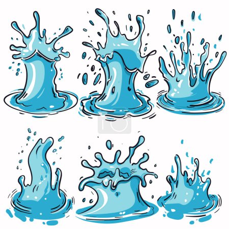 Six blue water splash illustrations showing dynamic liquid motion. Cartoon style water splashes perfect graphic design, animations. Set splashing water, droplets isolated white background