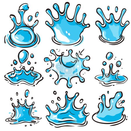 Set blue water splash illustrations featuring various shapes splatter patterns. Graphic representations liquid drops splashes perfect cleaning service logos drink advertisements. Cartoon style