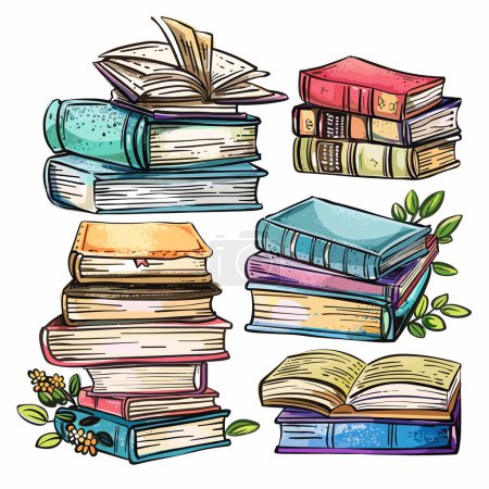 Colorful stacked books illustration, open book, sketch style, reading concept, educational graphics, leaves decoration. Vibrant book piles drawing, handdrawn, literature, knowledge, assorted colors