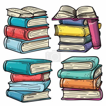Stacked books drawing colorful cartoon style isolated white background. Four piles hardcover books illustration educational theme vibrant colors. Open book top stack reading concept handdrawn