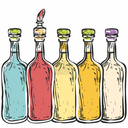 Five colorful bottles lined up, sealed corks, one bottle uncorked. Handdrawn style vector illustration bottles beverages, alcohol, decorative purposes. Vibrant hues blue, red, yellow, beige coloring