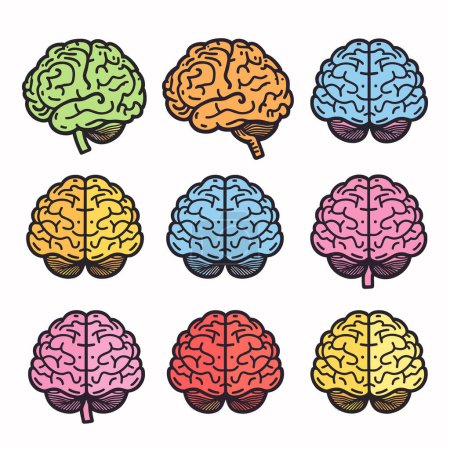 Nine colorful brain illustrations representing various mental states ideas. Brain graphics colored green, orange, blue, yellow, pink, suitable psychology, creativity, intelligence themes, drawing