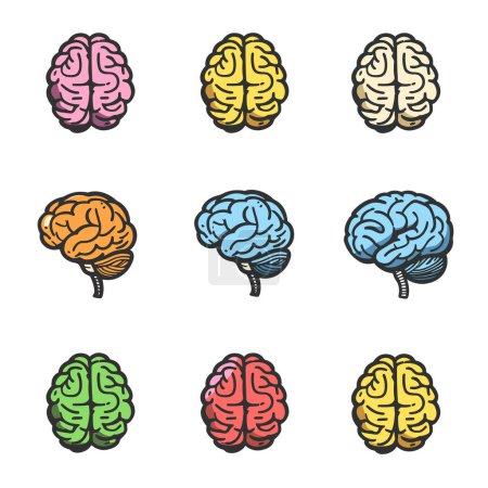 Nine colorful brain illustrations representing different psychological creative concepts, brain graphic has unique color, ranging pink dark blue. Outlined human icons suitable educational material
