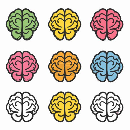 Nine colorful brain icons arranged grid, different twotone color scheme. Brain illustrations stylized simplified, depicting lobes hemispheres. Simplified graphics suitable concepts related