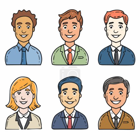 Seis personajes profesionales de dibujos animados sonriendo, diversa edad étnica, con atuendo de negocios. Fila superior tres hombres, jóvenes de mediana edad, trajes corbatas, varios colores de pelo. La fila inferior incluye dos hombres uno