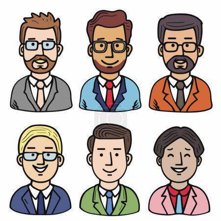 Six illustrated characters, professional men avatars, various hairstyles, facial hair, glasses, different colored suits, ties, smiling, cartoon style, isolated white background. Faces diverse male