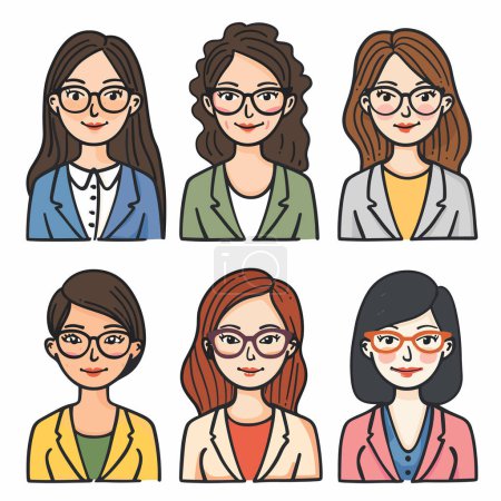 Six diverse female characters, different hairstyles clothing styles. Friendly expressions, stylish eyewear, various ethnicities represented modern workplace setting. Casual professional attire