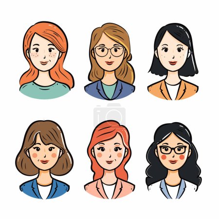 Collection six female characters smiling, different hairstyles, diverse ethnicity. Women cartoon portraits, young adult, casual professional attire, friendly faces. Handdrawn style, colorful, faces