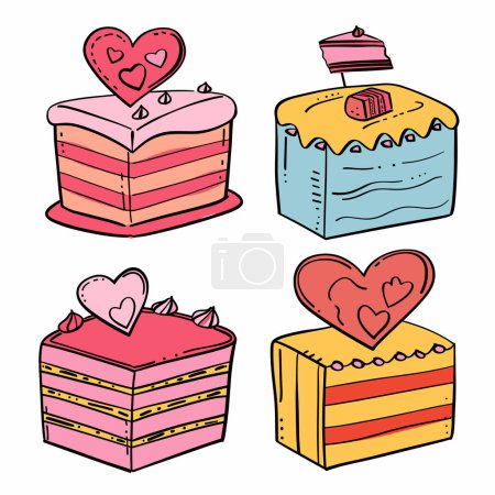 Illustration for Handdrawn colorful cakes decorated hearts icing. Festive desserts romantic, Valentines Day, birthday celebration sweet treats. Four quirky cakes pastel tones, cute decorations isolated white - Royalty Free Image