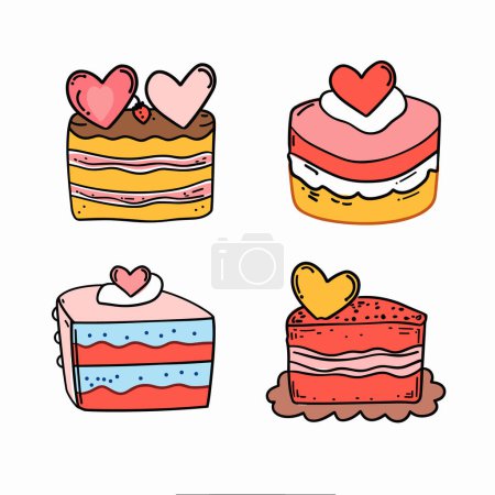 Bunte handgefertigte Kuchen krönten die Herzen, perfekte Valentinstag romantische Feiern. Vier köstliche mehrschichtige Desserts, verzierte Liebessymbole, weißer Hintergrund. Gebäck im Cartoon-Stil