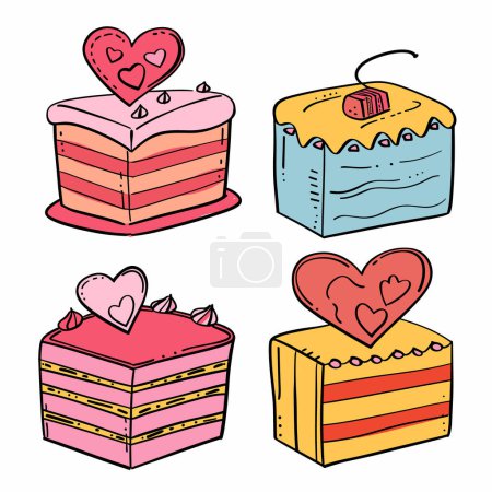 Illustration for Handdrawn colorful cakes decorated hearts, perfect Valentines Day romantic celebrations. Sweet desserts various icing, ideal bakery party invitations. Delicious cake slices pink, blue, yellow - Royalty Free Image
