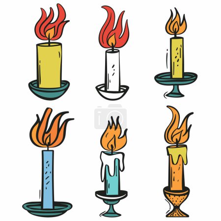 Handdrawn candles burning bright, various designs colors flames flickering light. Colorful illustration, creative simple candlesticks flames art. Doodle style candles, decorative elements cartoon