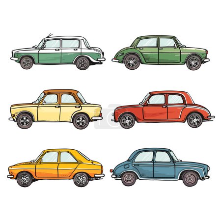 Set vintage cars illustrated various colors. Classic car collection, retro automobile style, handdrawn vehicles. Colorful classic cars, side view, cartoon car illustrations, transport theme