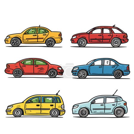Téléchargez les illustrations : Six voitures de dessin animé colorées affichées sur trois rangées de vues latérales rouges jaunes rangées supérieures, profils rouges rangées centrales, dessins à hayon jaunes inférieurs - en licence libre de droit
