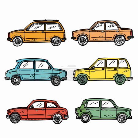 Ilustración de Seis coloridos coches de dibujos animados vista lateral. Colección de automóviles vintage, diseño clásico. Diferentes tipos de automóviles, colores, hatchback, sedán, fondo blanco aislado - Imagen libre de derechos