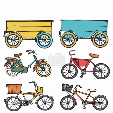 Illustrations vectorielles de collection mettant en vedette diverses remorques cargo bicyclettes aux couleurs vives. Style d'art de ligne simple icônes appropriées, décalcomanies, graphiques livre pour enfants. Eléments design vélo