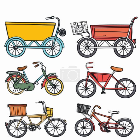 Set colorful bicycle tricycle illustrations isolated white background. Different types bikes, cargo tricycles, childrens bicycles. Graphic style, various colors, two wheels, three wheels
