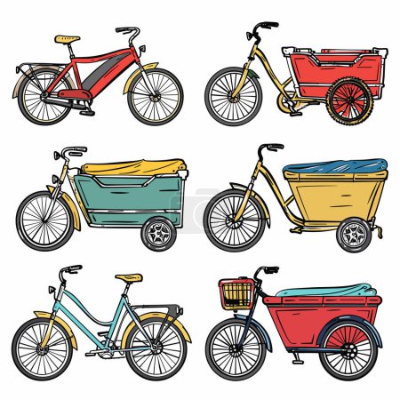 Illustration for Collection colorful cargo bikes, various designs transportation delivery purposes. Familyfriendly cargo cycles, vividly colored, outlined cartoon style urban lifestyle theme. Six different types - Royalty Free Image