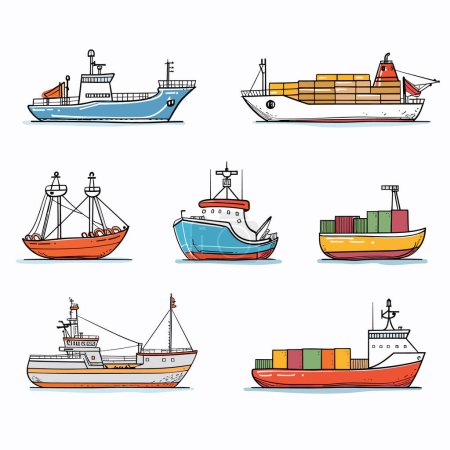 Sammlung farbenfrohe Schiffsabbildungen, die verschiedene Schiffstypen präsentieren, Schiff einzigartiges Design. Kommerzielle Frachtschiffe mit Containern neben traditionellen Fischerbooten, alle gegen weiß