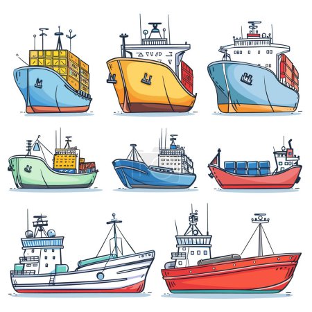 Sammlung bunte Schiffe Boote Cartoon-Stil. Verschiedene Arten Schiffe Frachtschiffe Fischerboote illustriert. Küstenverkehr, maritime, nautische Themenvektorgrafik