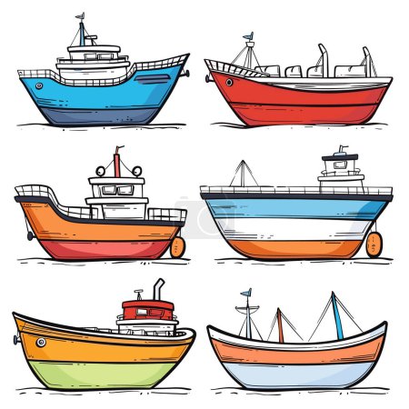 Colorful vector illustration six different styles boats. Cartoon boats drawn bright primary colors. Maritime themed illustration variety vessels including sailboat