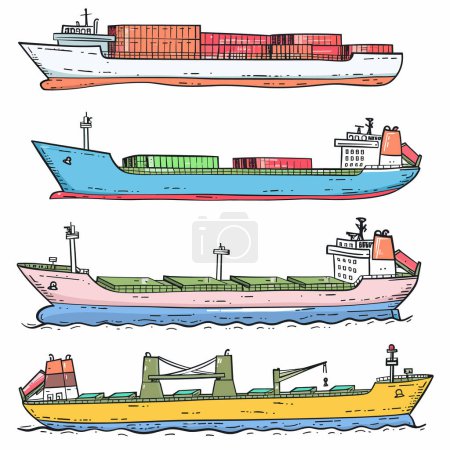 Frachtschiffe bunte Illustration, Containerschiffe Seeverkehr, verschiedene Arten Seeverkehr Handel, Handelsmarine, bunte Ladung Wassertransport, Schifffahrt